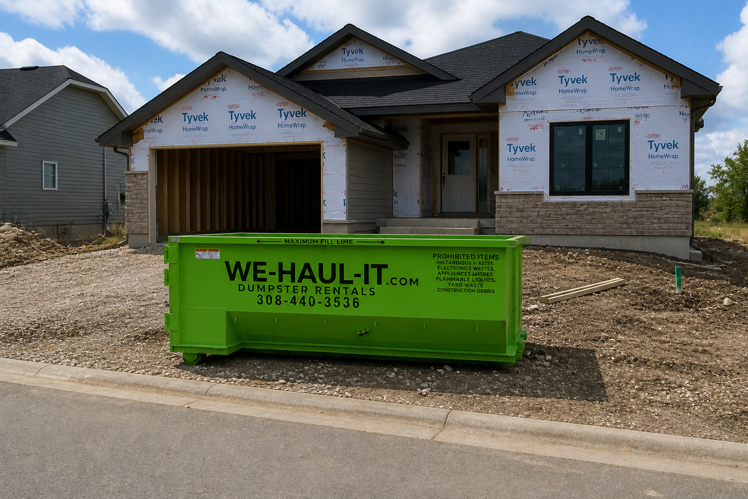 WE-HAUL-IT 15 yard roll-off dumpster — neon green, parked on a Central Nebraska driveway
