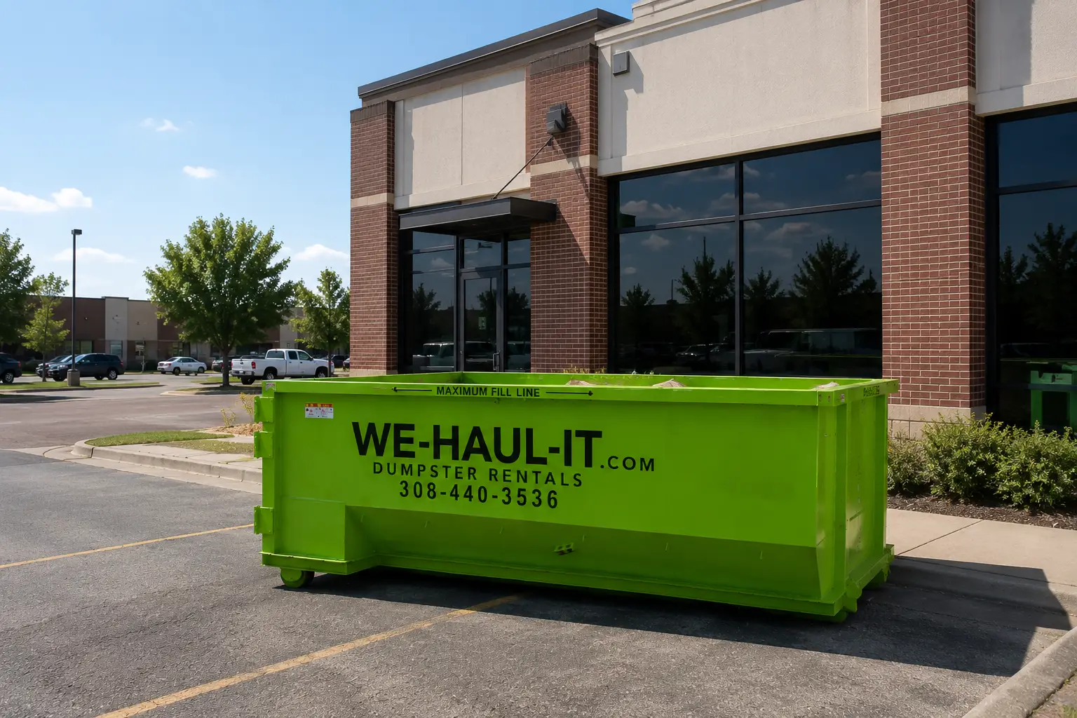 WE-HAUL-IT roll-off dumpster servicing a Grand Island commercial property